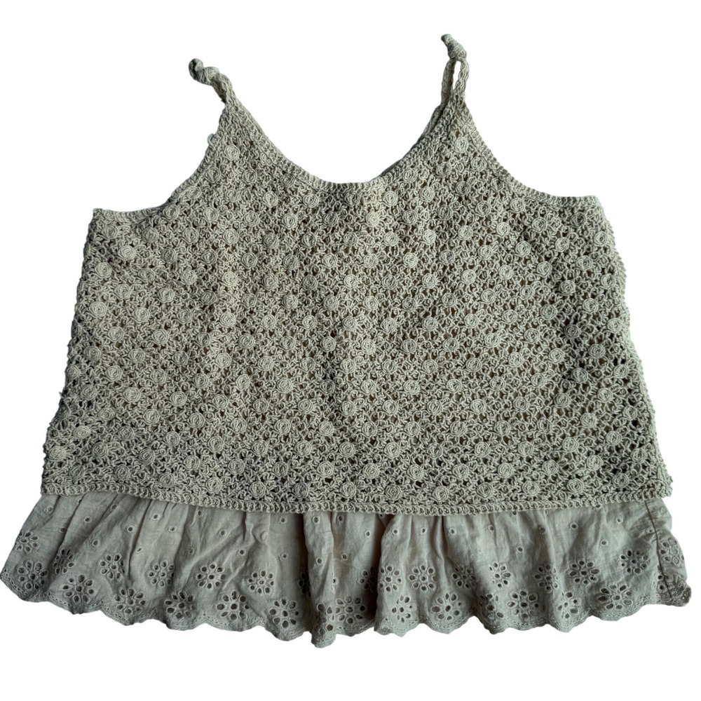 L Love Crochet Eyelet Lace Peplum Cami Tank Top Beige